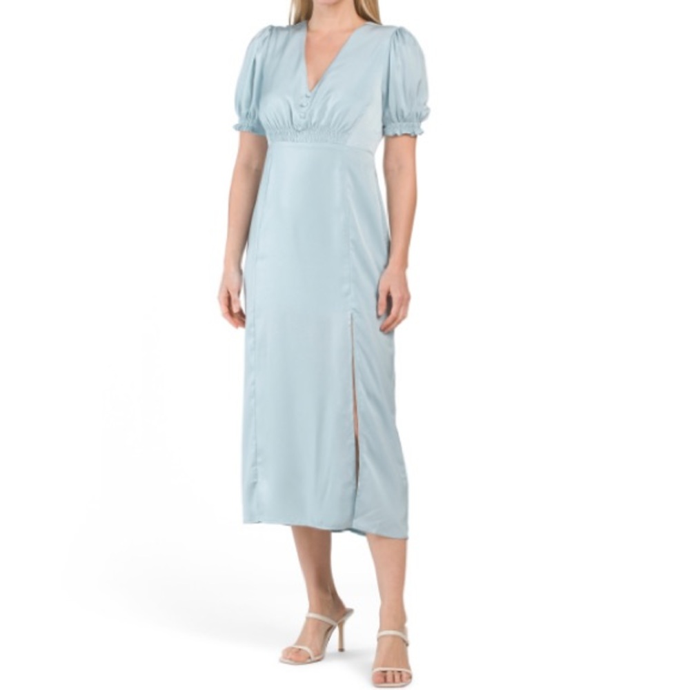 NWT Greylin Ice Blue Satin Puff Sleeve Romantic Midi Dress Size Small